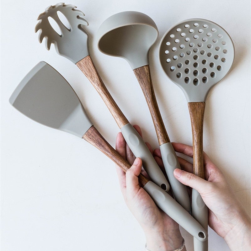 Heat Resistance Silicone Cooking Tools with Wooden Handle